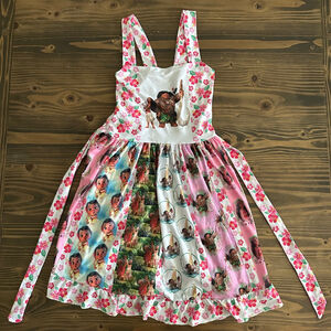 Girls Moana Casual Dress Size 7 White Pink Floral Cotton Spandex Tiered Skirt